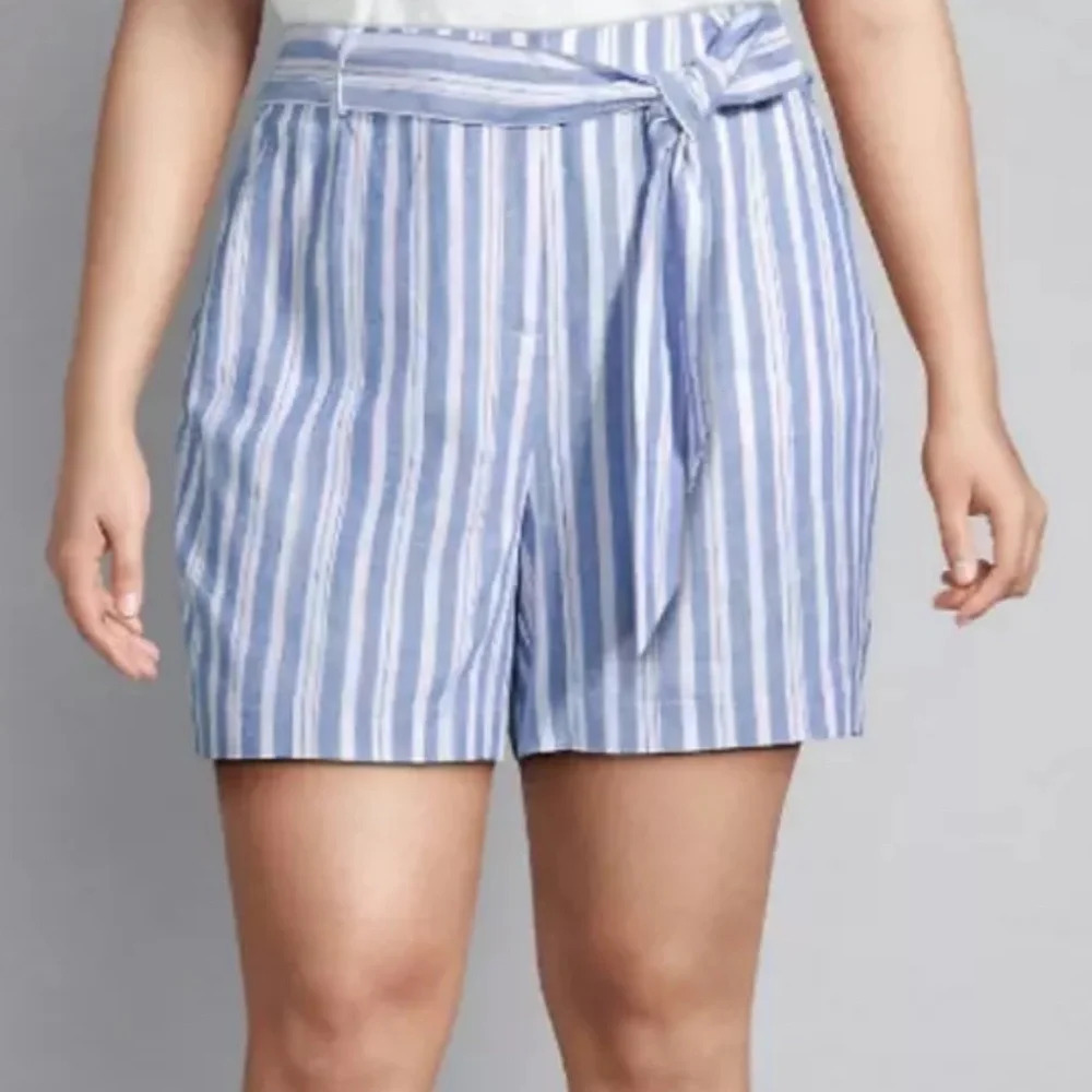 Lane Bryant Sz 24 Blue Vertical Stripe Hi-rise Linen Blend Shorts With Belt